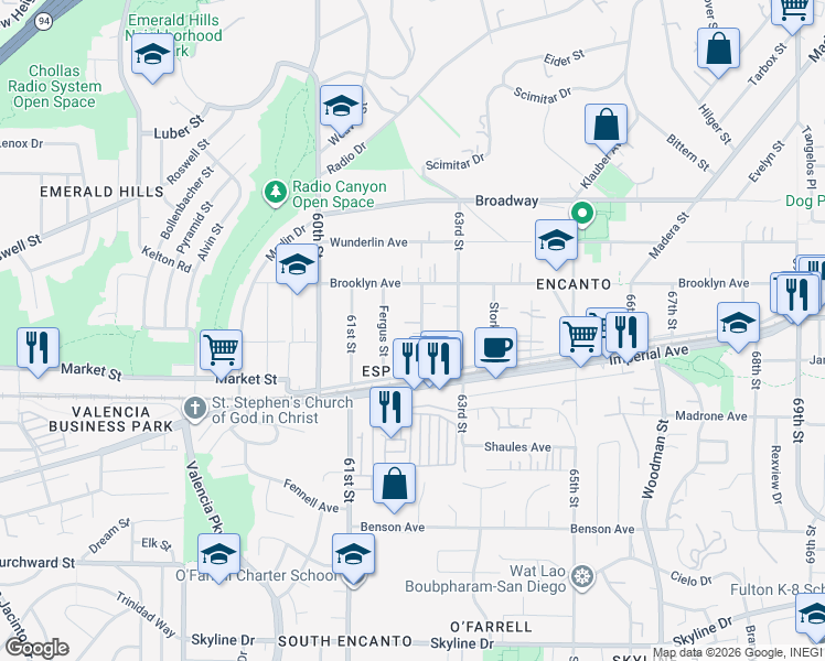 map of restaurants, bars, coffee shops, grocery stores, and more near 654 62nd Street in San Diego