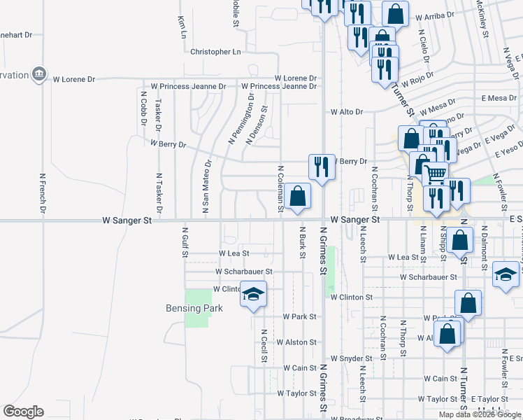 map of restaurants, bars, coffee shops, grocery stores, and more near 1123 North Cecil Street in Hobbs