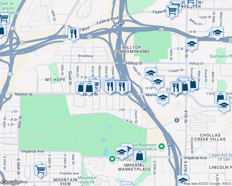map of restaurants, bars, coffee shops, grocery stores, and more near 4264 Market Street in San Diego