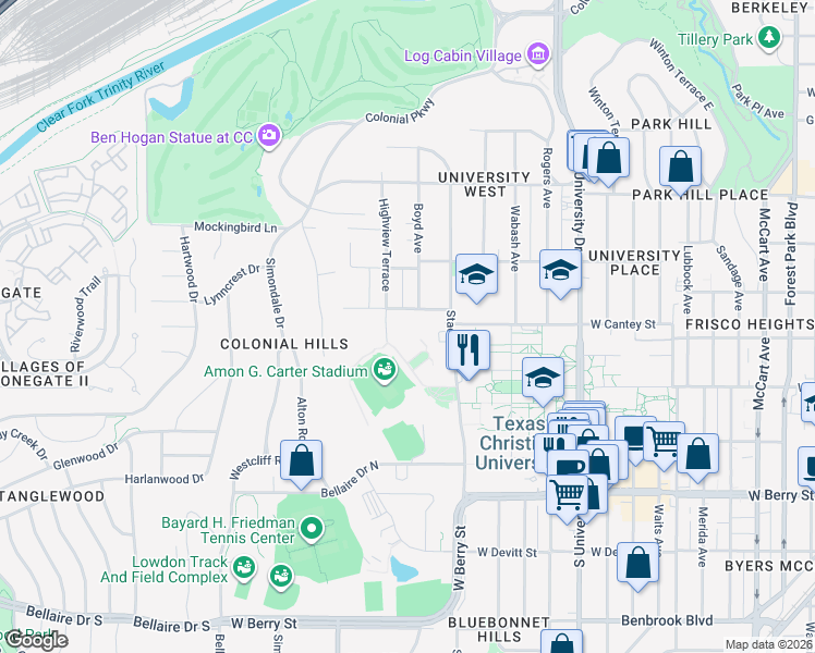 map of restaurants, bars, coffee shops, grocery stores, and more near 3417 West Cantey Street in Fort Worth