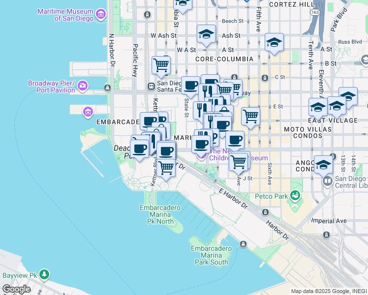 map of restaurants, bars, coffee shops, grocery stores, and more near 633 State Street in San Diego