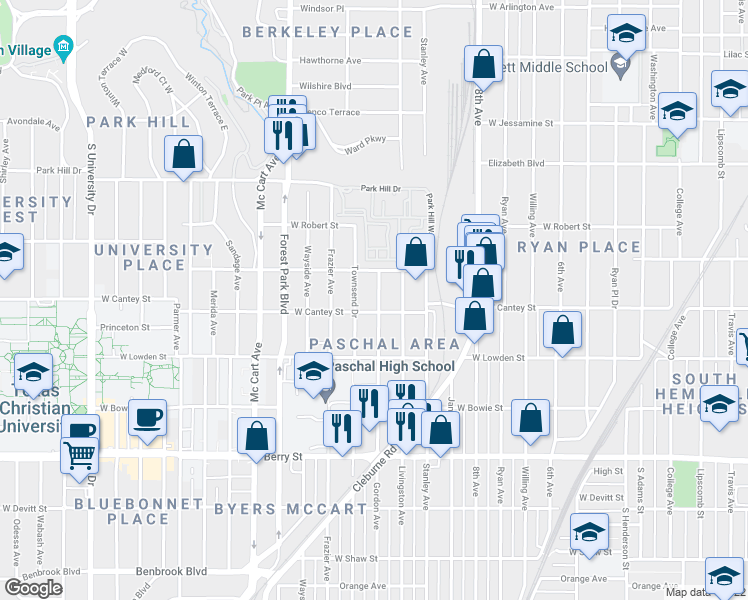 map of restaurants, bars, coffee shops, grocery stores, and more near 2728 Gordon Avenue in Fort Worth