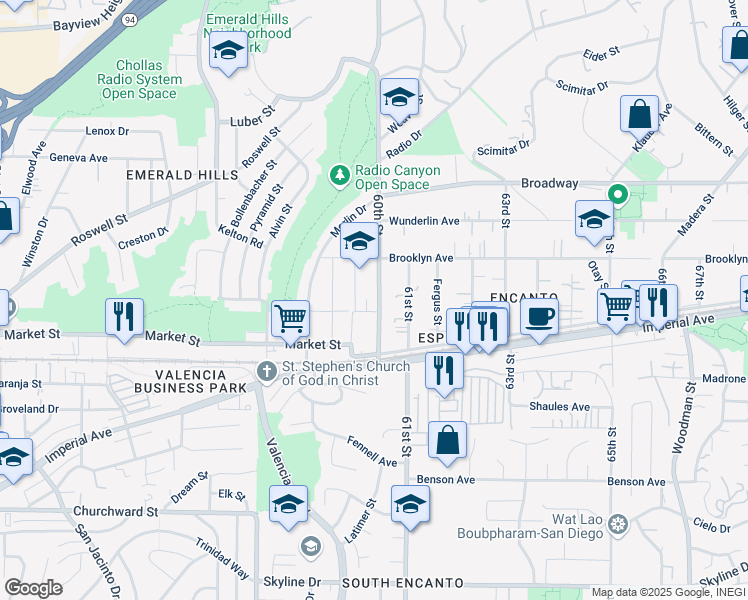map of restaurants, bars, coffee shops, grocery stores, and more near 645 60th Street in San Diego