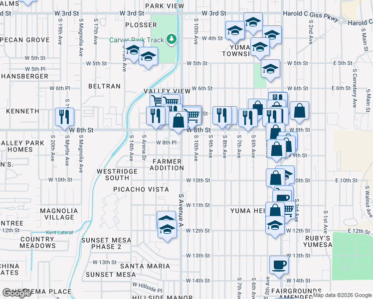 map of restaurants, bars, coffee shops, grocery stores, and more near 833 South Avenue A in Yuma