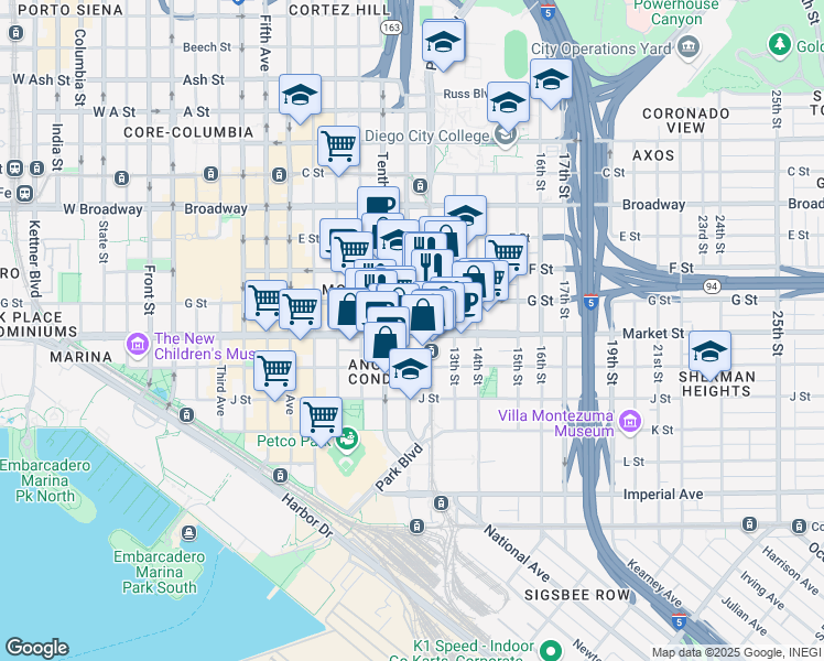 map of restaurants, bars, coffee shops, grocery stores, and more near 1100 Market Street in San Diego