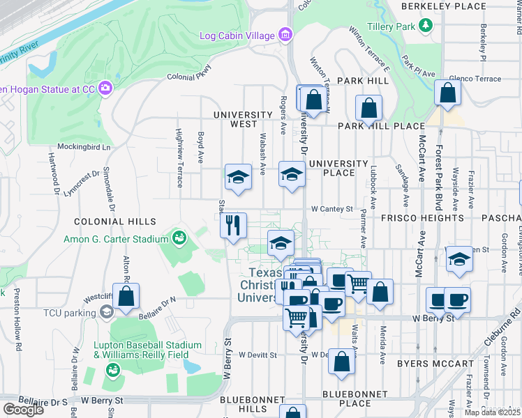 map of restaurants, bars, coffee shops, grocery stores, and more near 3101 North Main Drive in Fort Worth