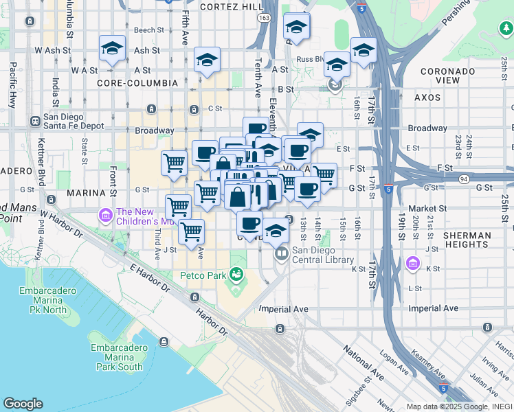 map of restaurants, bars, coffee shops, grocery stores, and more near in San Diego