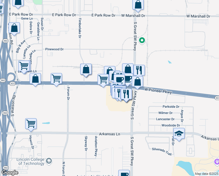 map of restaurants, bars, coffee shops, grocery stores, and more near 2627 West Spur 303 in Grand Prairie