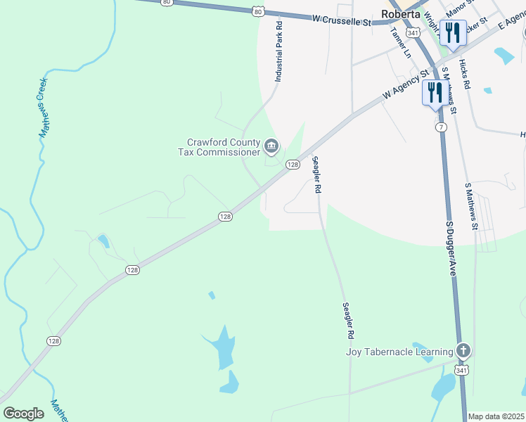 map of restaurants, bars, coffee shops, grocery stores, and more near 747 Georgia 128 in Roberta