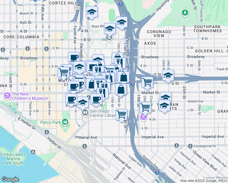 map of restaurants, bars, coffee shops, grocery stores, and more near in San Diego