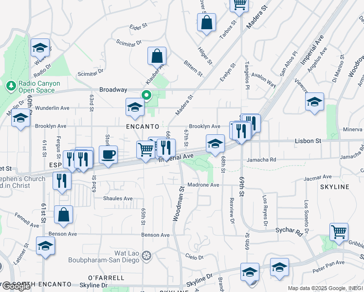 map of restaurants, bars, coffee shops, grocery stores, and more near 639 67th Street in San Diego