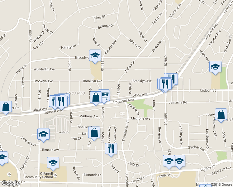 map of restaurants, bars, coffee shops, grocery stores, and more near 625 66th Street in San Diego