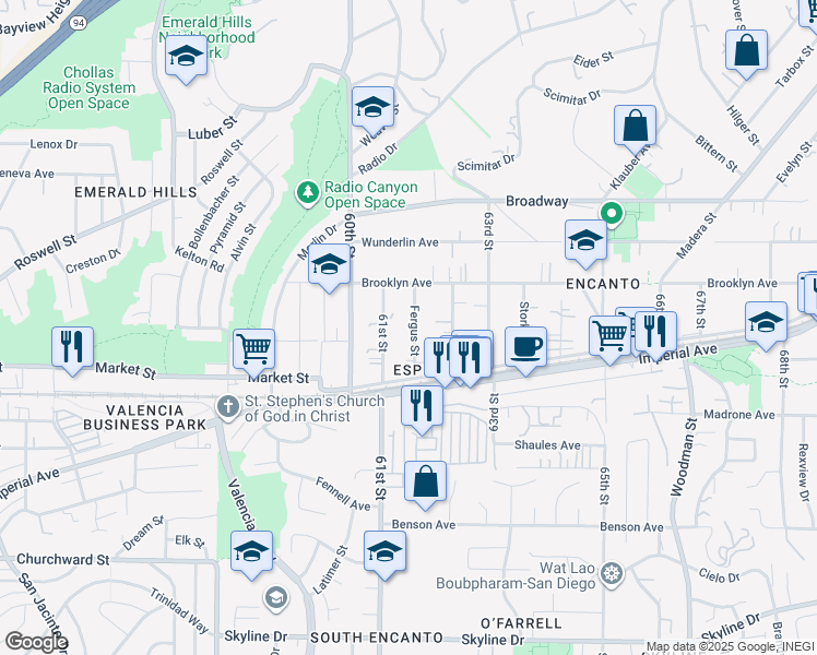 map of restaurants, bars, coffee shops, grocery stores, and more near 655 61st Street in San Diego