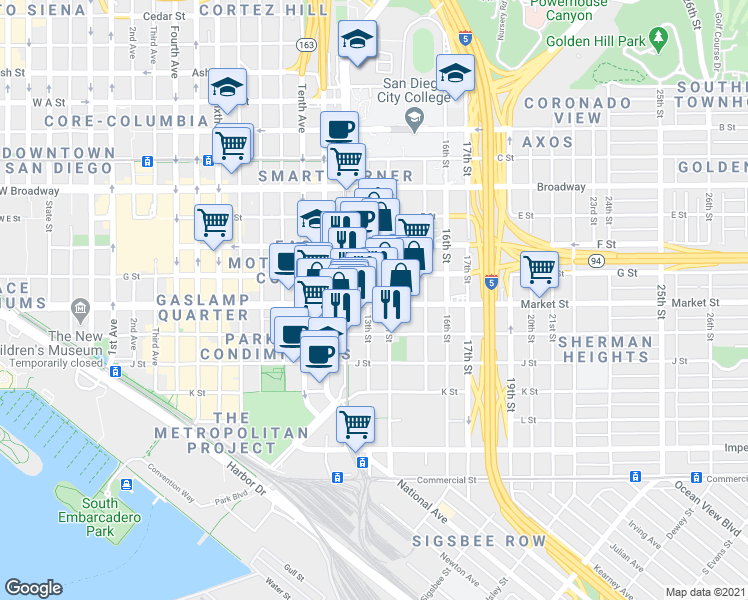 map of restaurants, bars, coffee shops, grocery stores, and more near in San Diego