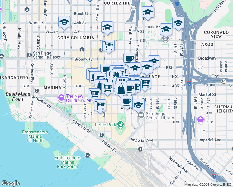 map of restaurants, bars, coffee shops, grocery stores, and more near 632 Eighth Avenue in San Diego