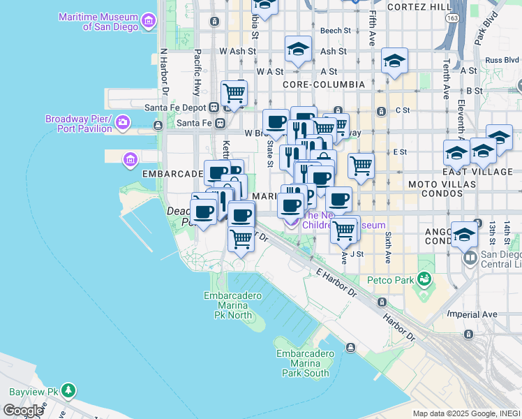 map of restaurants, bars, coffee shops, grocery stores, and more near 633 State Street in San Diego