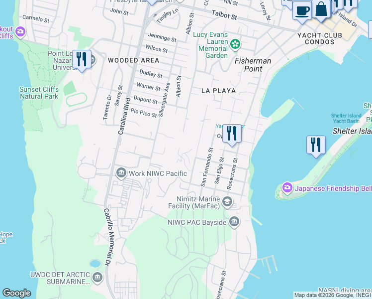 map of restaurants, bars, coffee shops, grocery stores, and more near 450 Tavara Place in San Diego
