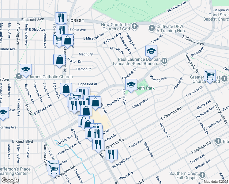 map of restaurants, bars, coffee shops, grocery stores, and more near 3131 Easter Avenue in Dallas