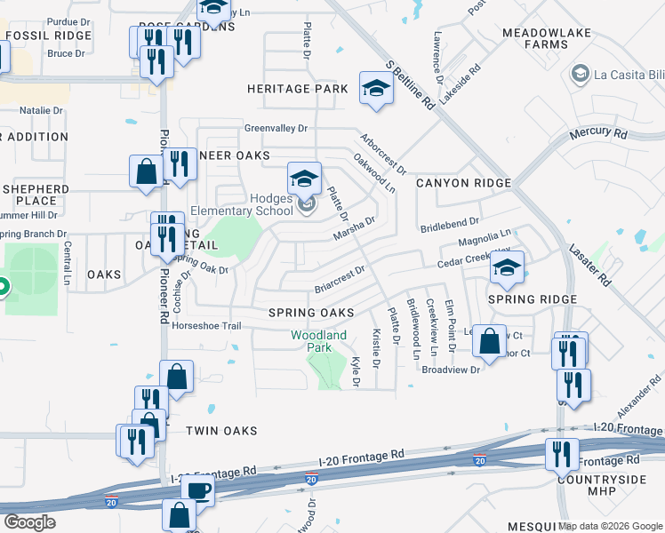 map of restaurants, bars, coffee shops, grocery stores, and more near 14500 Oakwood Lane in Balch Springs