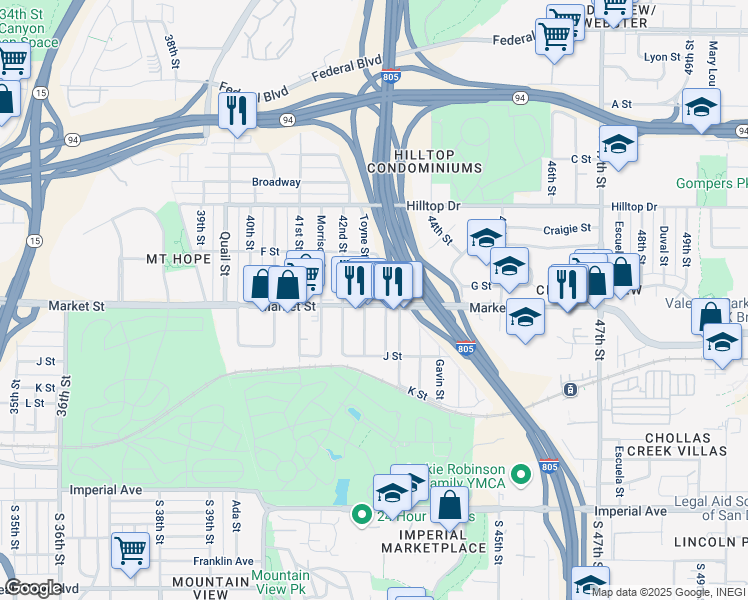 map of restaurants, bars, coffee shops, grocery stores, and more near 4264 Market Street in San Diego