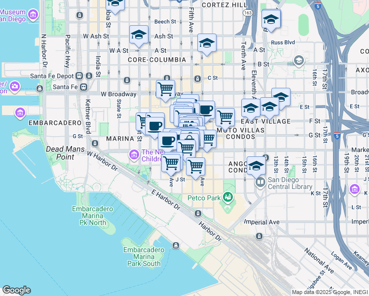 map of restaurants, bars, coffee shops, grocery stores, and more near 614 Fifth Avenue in San Diego