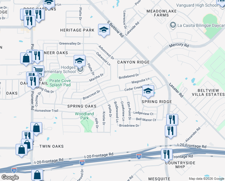 map of restaurants, bars, coffee shops, grocery stores, and more near 14624 Briarcrest Drive in Balch Springs