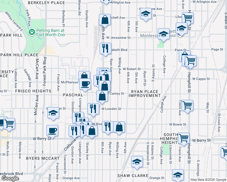 map of restaurants, bars, coffee shops, grocery stores, and more near 2737 Ryan Avenue in Fort Worth