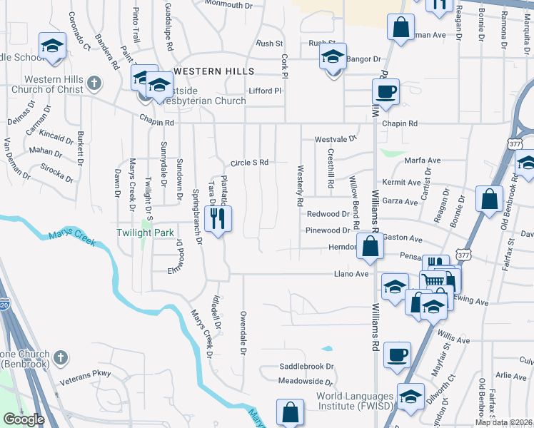 map of restaurants, bars, coffee shops, grocery stores, and more near 3909 Palomino Drive in Benbrook