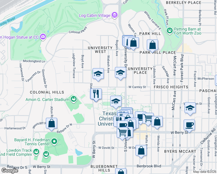 map of restaurants, bars, coffee shops, grocery stores, and more near W Cantey St & Wabash Ave in Fort Worth