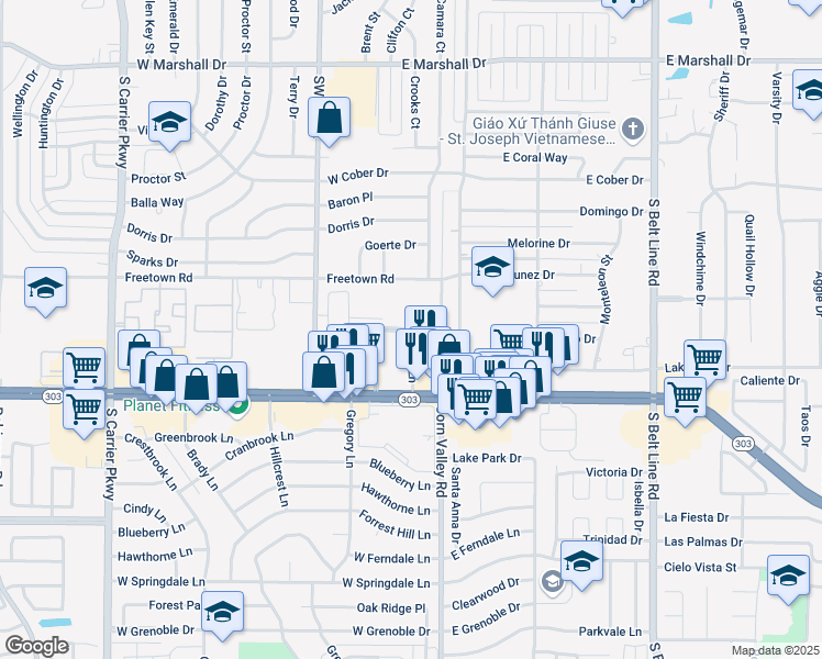 map of restaurants, bars, coffee shops, grocery stores, and more near 150 12 Oaks Boulevard in Grand Prairie