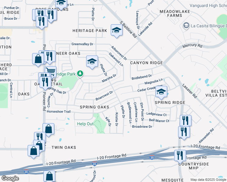 map of restaurants, bars, coffee shops, grocery stores, and more near 14624 Briarcrest Drive in Balch Springs