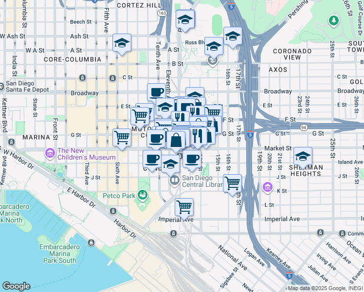 map of restaurants, bars, coffee shops, grocery stores, and more near 555 Park Boulevard in San Diego