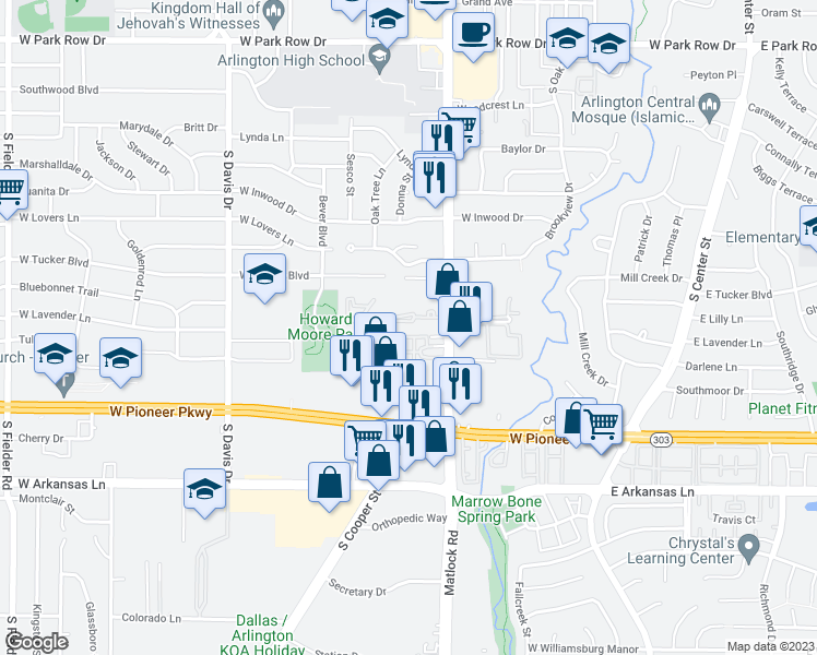map of restaurants, bars, coffee shops, grocery stores, and more near 1008 Cooper Square Circle in Arlington