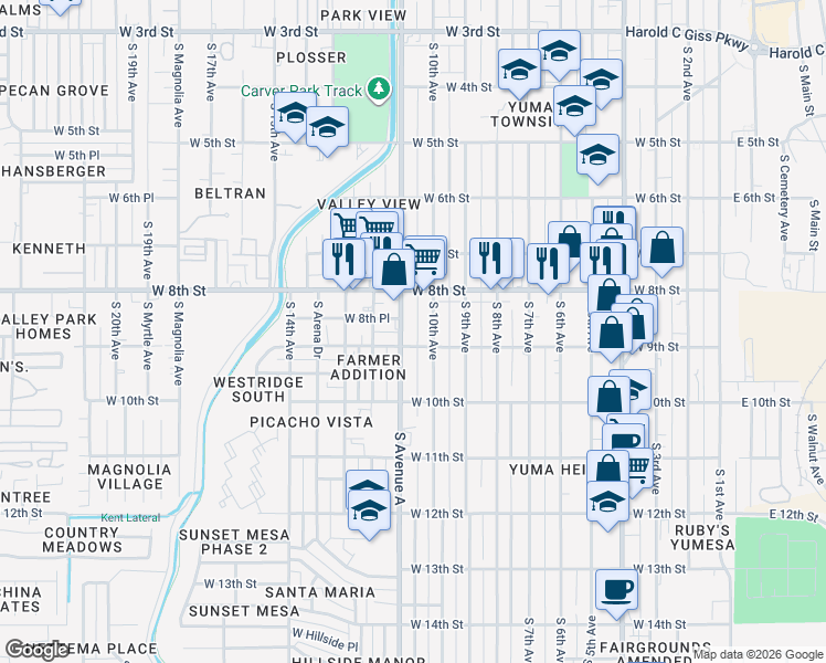 map of restaurants, bars, coffee shops, grocery stores, and more near 833 South Avenue A in Yuma