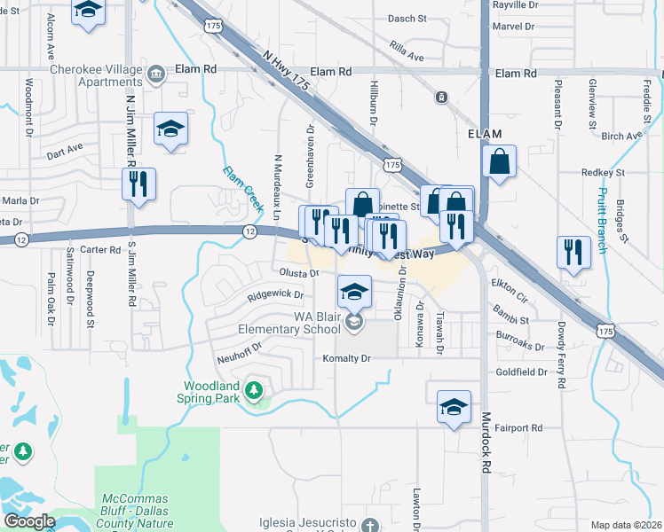 map of restaurants, bars, coffee shops, grocery stores, and more near 110 Longbranch Lane in Dallas