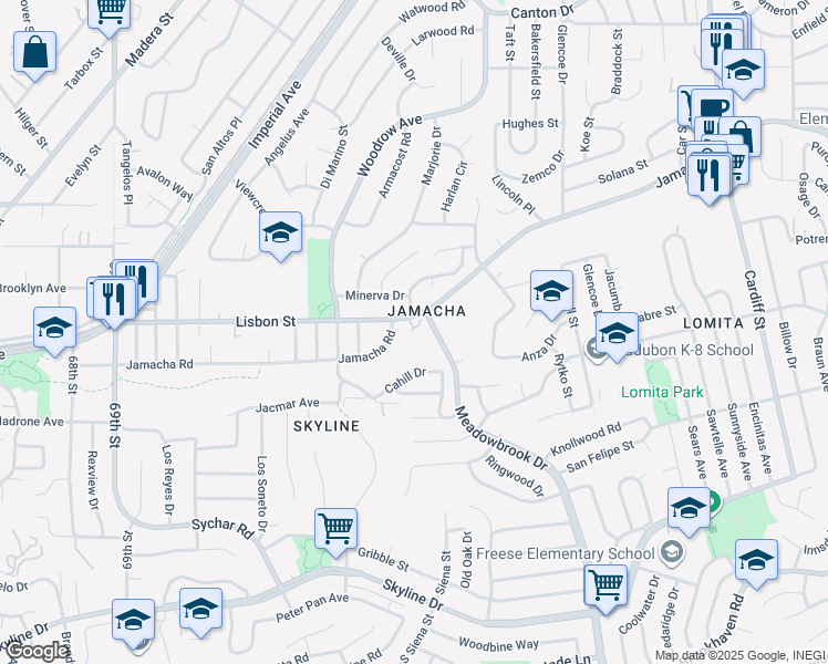 map of restaurants, bars, coffee shops, grocery stores, and more near 7545 Jamacha Road in San Diego
