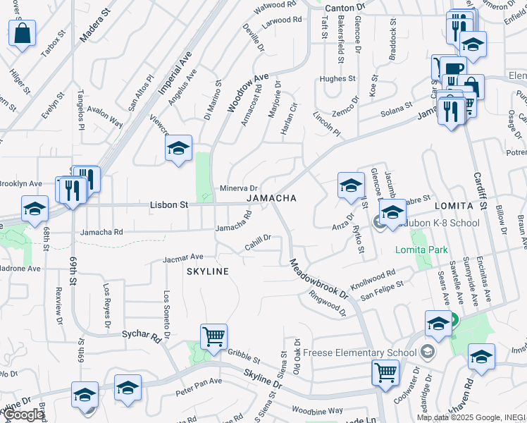 map of restaurants, bars, coffee shops, grocery stores, and more near 7545 Jamacha Road in San Diego
