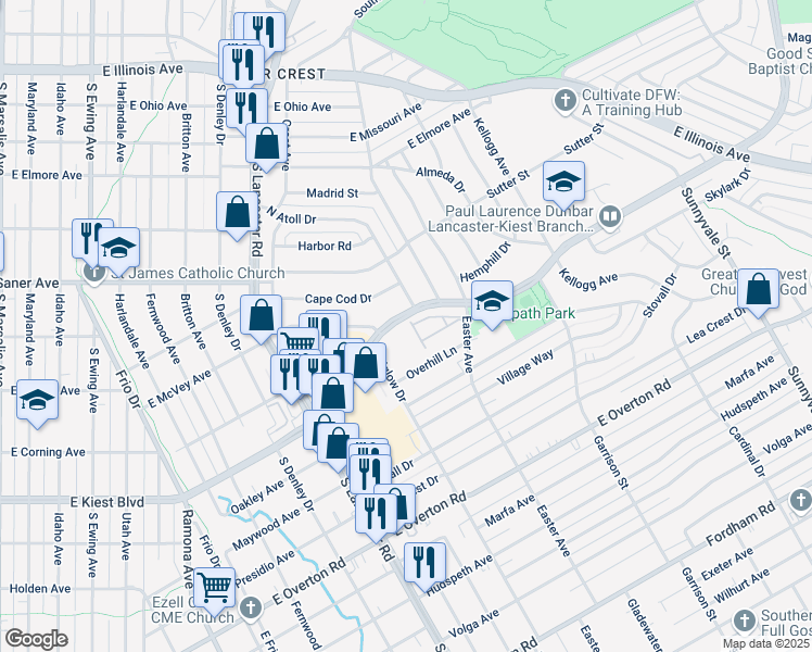 map of restaurants, bars, coffee shops, grocery stores, and more near 3131 Easter Avenue in Dallas