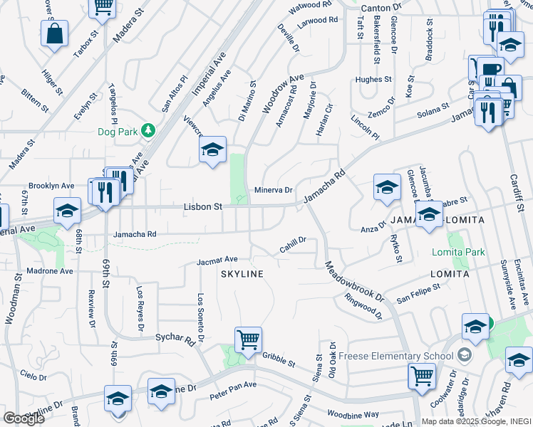 map of restaurants, bars, coffee shops, grocery stores, and more near 7470 Jamacha Road in San Diego