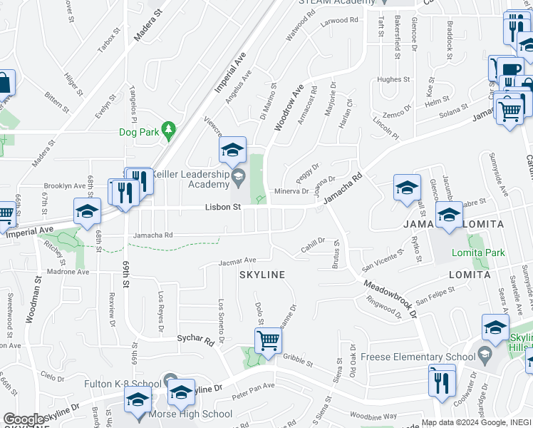 map of restaurants, bars, coffee shops, grocery stores, and more near 654 Cadman Street in San Diego