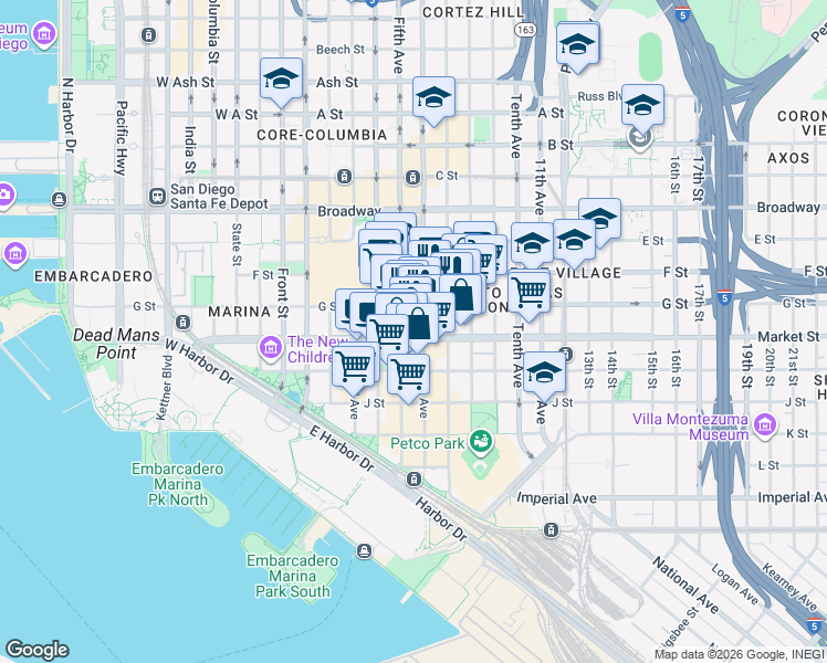 map of restaurants, bars, coffee shops, grocery stores, and more near 526 Market Street in San Diego