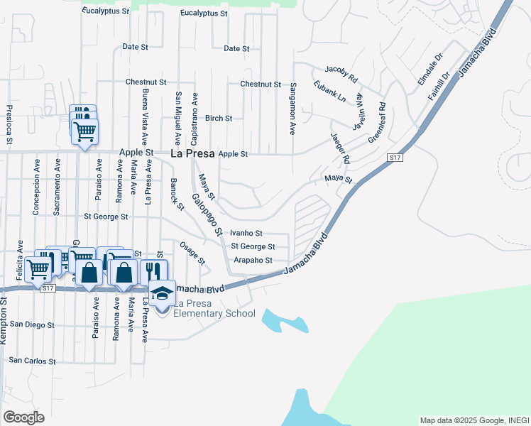 map of restaurants, bars, coffee shops, grocery stores, and more near 9811 Avenida Ricardo in Spring Valley
