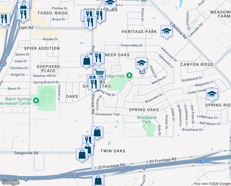 map of restaurants, bars, coffee shops, grocery stores, and more near 14017 Spring Oak Drive in Balch Springs