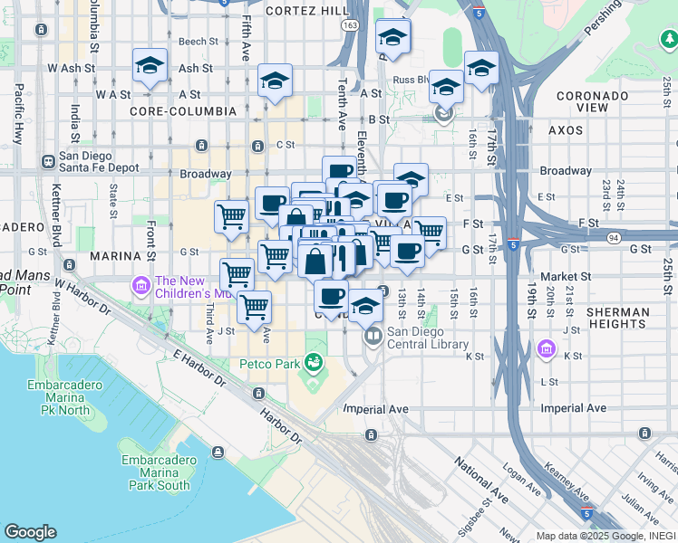 map of restaurants, bars, coffee shops, grocery stores, and more near 930 Market Street in San Diego
