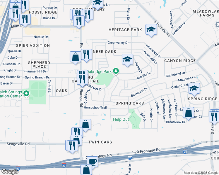map of restaurants, bars, coffee shops, grocery stores, and more near 14112 Spring Oak Drive in Balch Springs