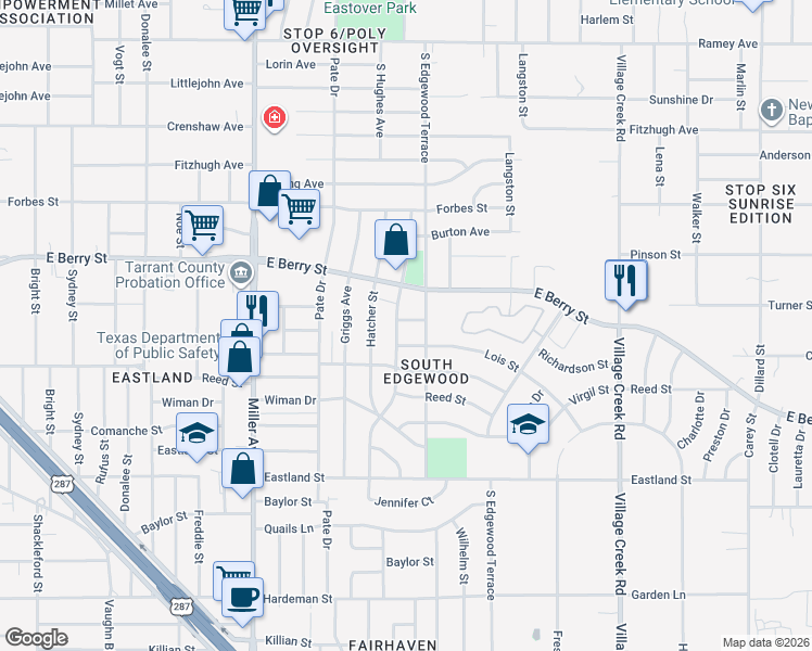map of restaurants, bars, coffee shops, grocery stores, and more near 4500 Richardson Street in Fort Worth