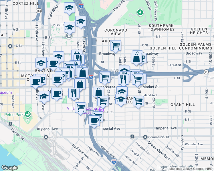 map of restaurants, bars, coffee shops, grocery stores, and more near 2044 Market Street in San Diego