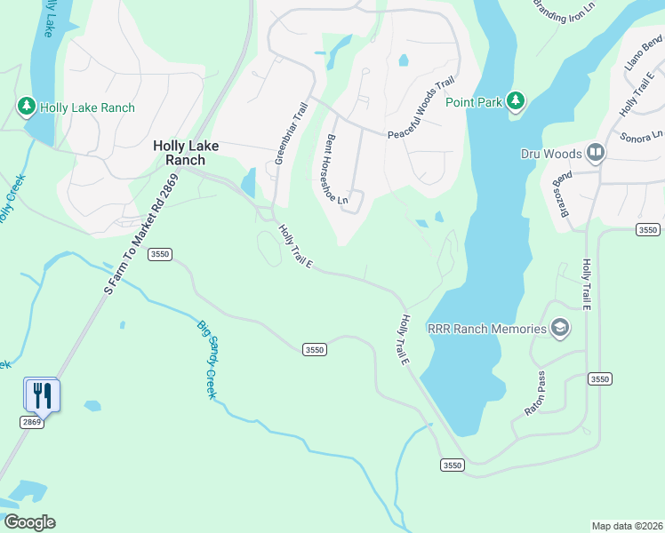 map of restaurants, bars, coffee shops, grocery stores, and more near 543 Holly Trail East in Holly Lake Ranch