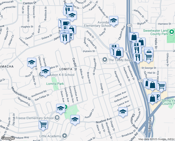 map of restaurants, bars, coffee shops, grocery stores, and more near 646 Braun Ave in San Diego