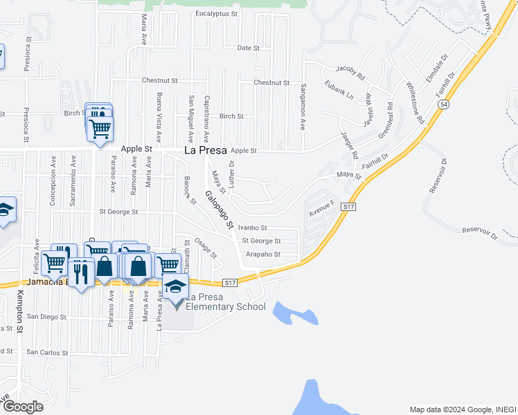 map of restaurants, bars, coffee shops, grocery stores, and more near 9765 Avenida Ricardo in Spring Valley